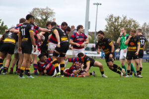 Clontarf hooker Dylan Donnellan dives over to score under the posts during the AIL clash with Young Munster at Castle Avenue.