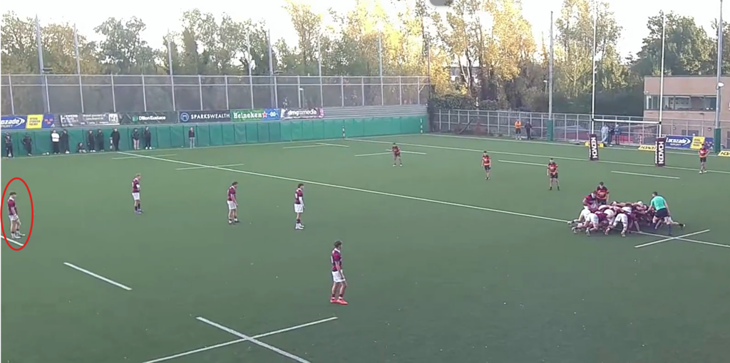 Screenshot of Clontarf’s backline set for a scrum on the Lansdowne 22, with fullback Finn Walsh positioned deep on the 10-metre line.