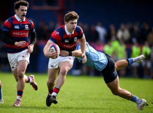 Clontarf’s Tadhg Bird is tackled by UCD’s Brian O’Flaherty during their All-Ireland League match at Castle Avenue.