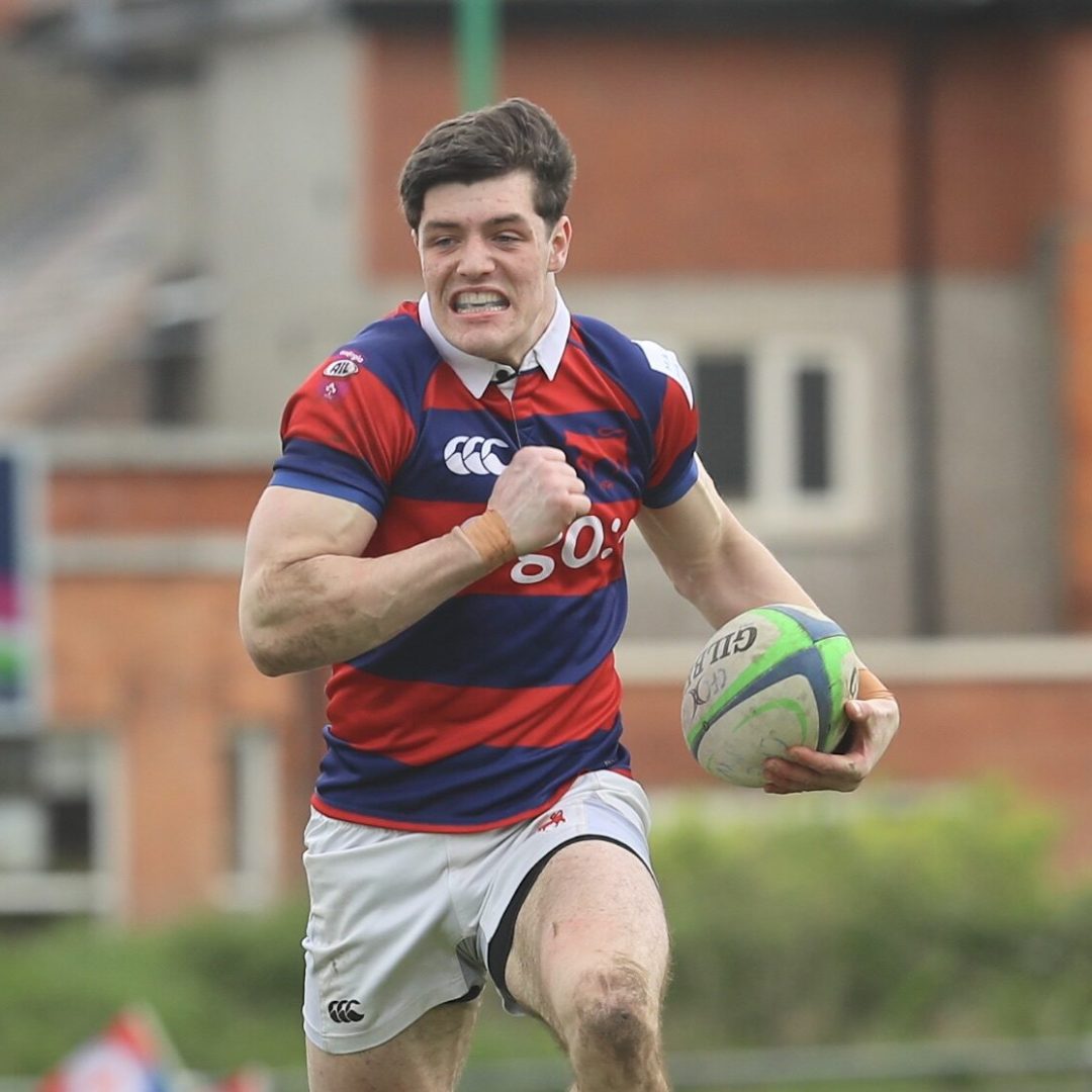 Dan Magner races over in the corner to score his first AIL try on debut for Clontarf against St Mary’s at Castle Avenue. Photo: Gareth Carville / Emerald Visions