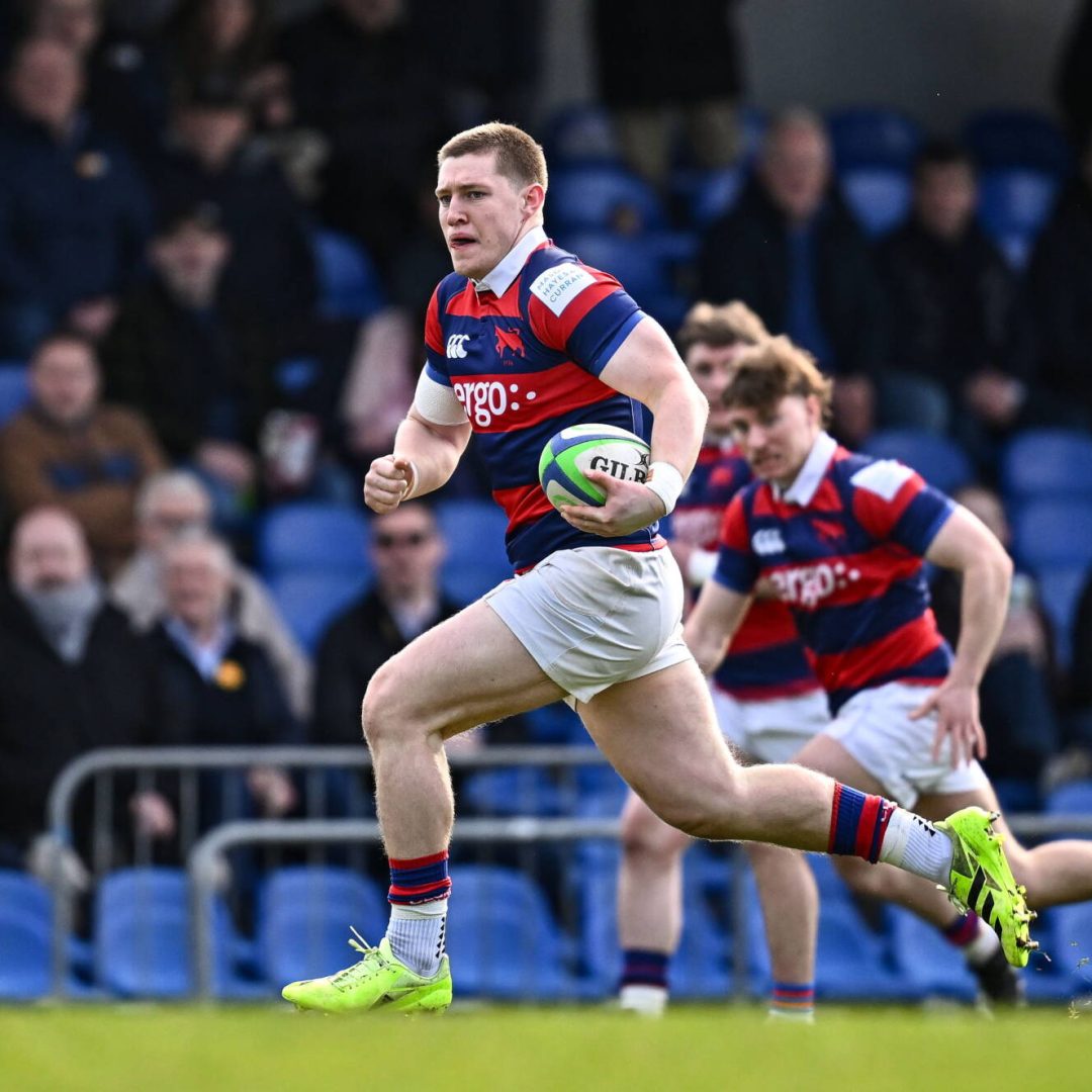 28 February 2026; Connor Fahy of Clontarf on his way to scoring his side's first try during the Energia All-Ireland League Men's Division 1A match between UCD RFC and Clontarf FC at Belfield Bowl in Dublin. Photo by Seb Daly/Sportsfile