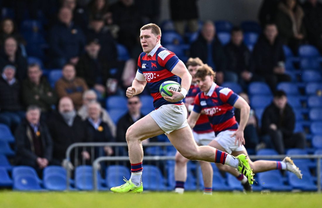 28 February 2026; Connor Fahy of Clontarf on his way to scoring his side's first try during the Energia All-Ireland League Men's Division 1A match between UCD RFC and Clontarf FC at Belfield Bowl in Dublin. Photo by Seb Daly/Sportsfile