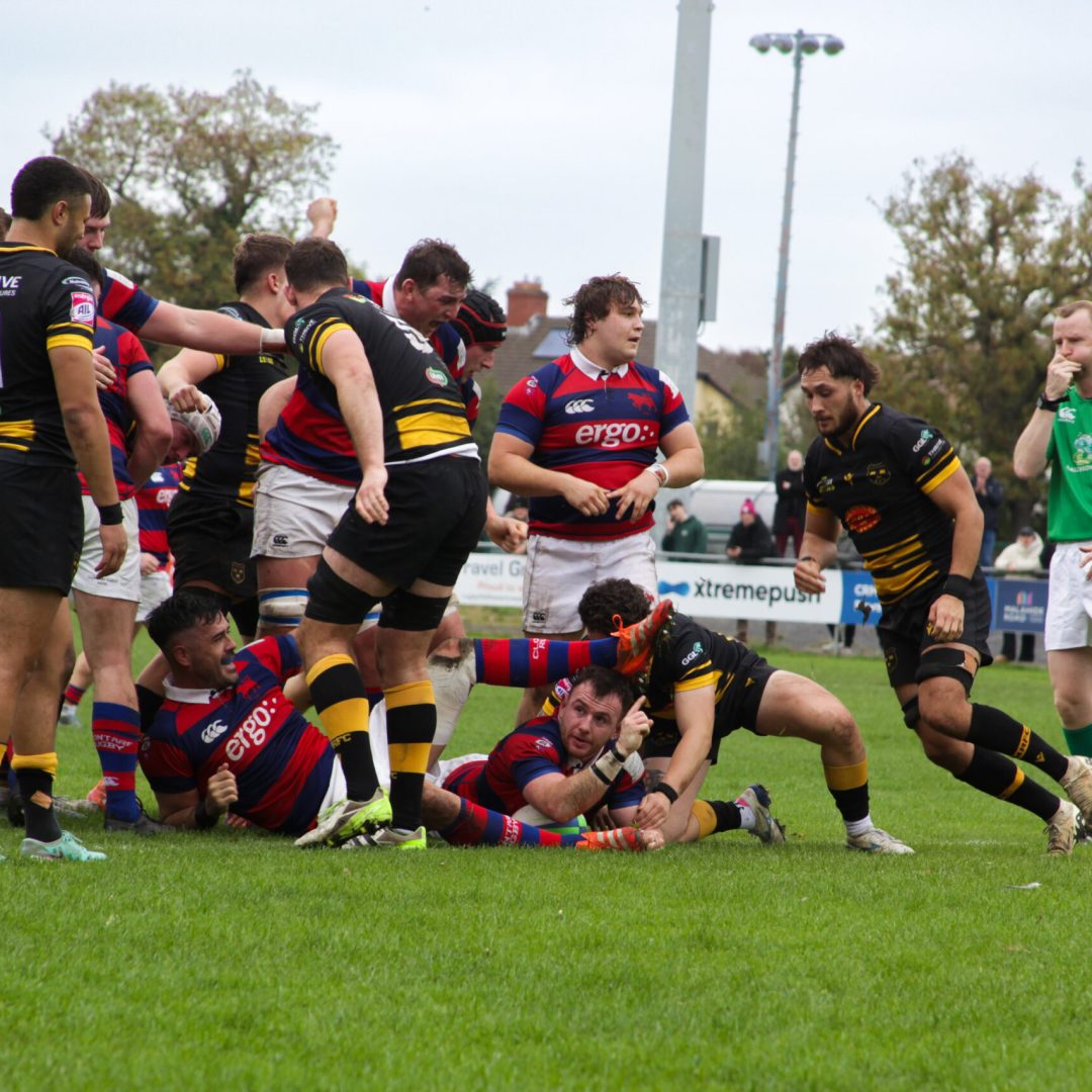 Clontarf hooker Dylan Donnellan dives over to score under the posts during the AIL clash with Young Munster at Castle Avenue.