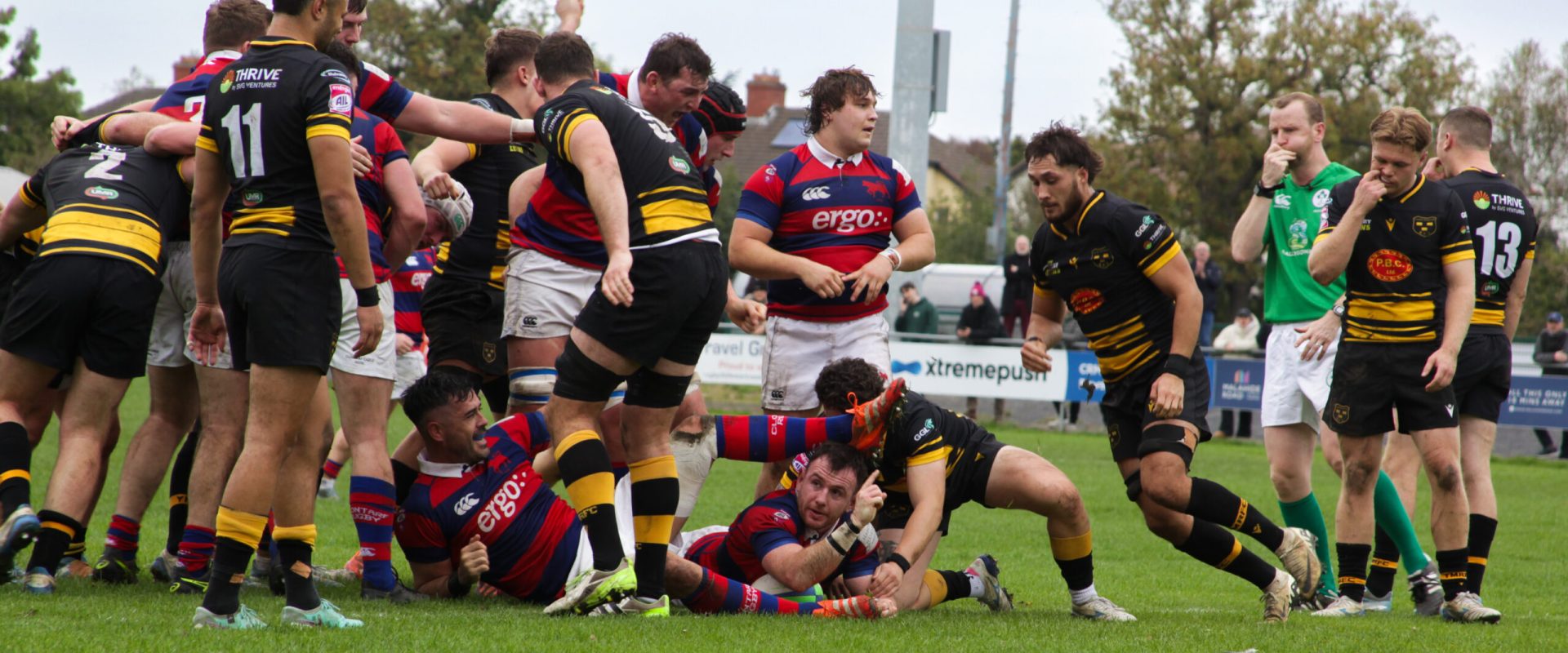 Clontarf hooker Dylan Donnellan dives over to score under the posts during the AIL clash with Young Munster at Castle Avenue.