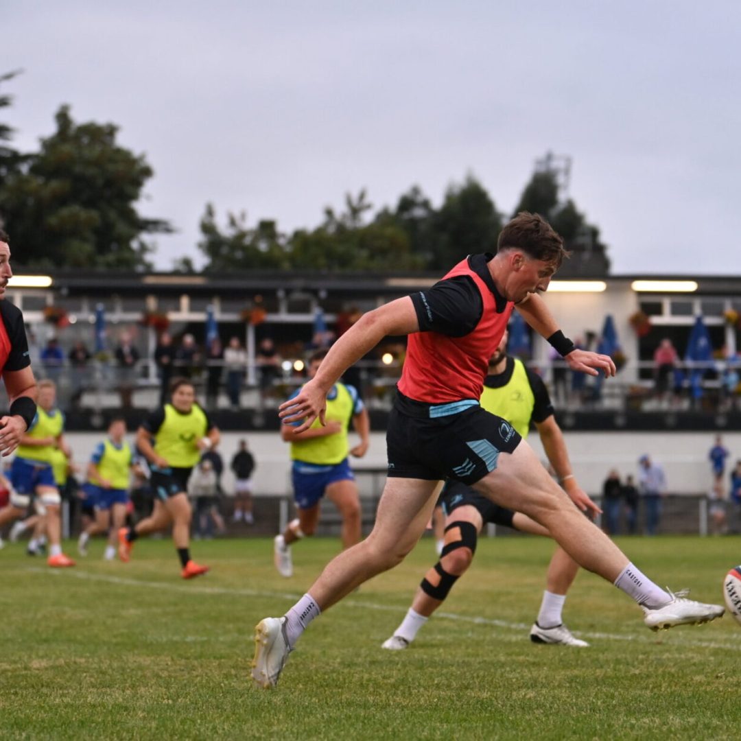 19 August 2025; Charlie Tector during a Leinster Rugby open training session match against Old Belvedere RFC at Old Belvedere RFC in Dublin. Photo by Ramsey Cardy/Sportsfile