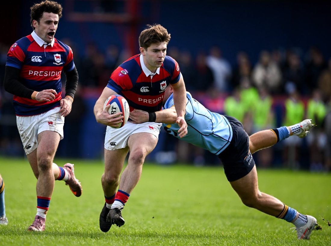 Clontarf’s Tadhg Bird is tackled by UCD’s Brian O’Flaherty during their All-Ireland League match at Castle Avenue.
